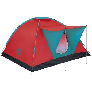 Bestway 3-Personen-Zelt in Rot und Türkis mit Eingangsbereich für Camping & Outdoor.
