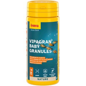 Sera Vipagran Baby Granules Aufzuchtfutter im gelben Behälter, geeignet für Jungfische.