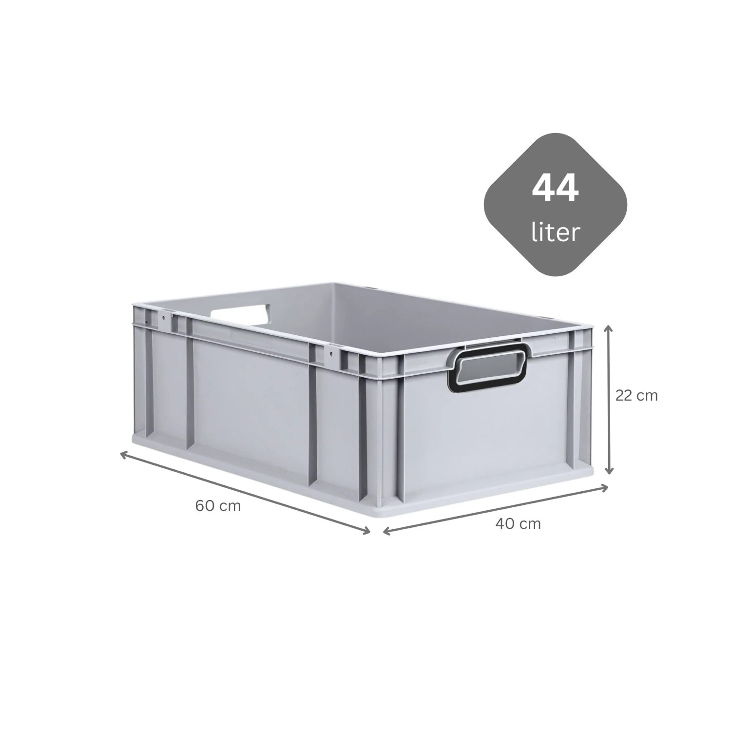 Graue PROREGAL Eurobox Nextgen, 44 Liter, mit schwarzen Griffen und Auflagedeckel. Ideal zur Aufbewahrung.