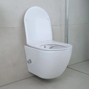 Belvit Wand-WC Dusch-WC mit Bidetfunktion und Armatur, spülrandlos, weiß. Ohne WC-Sitz.