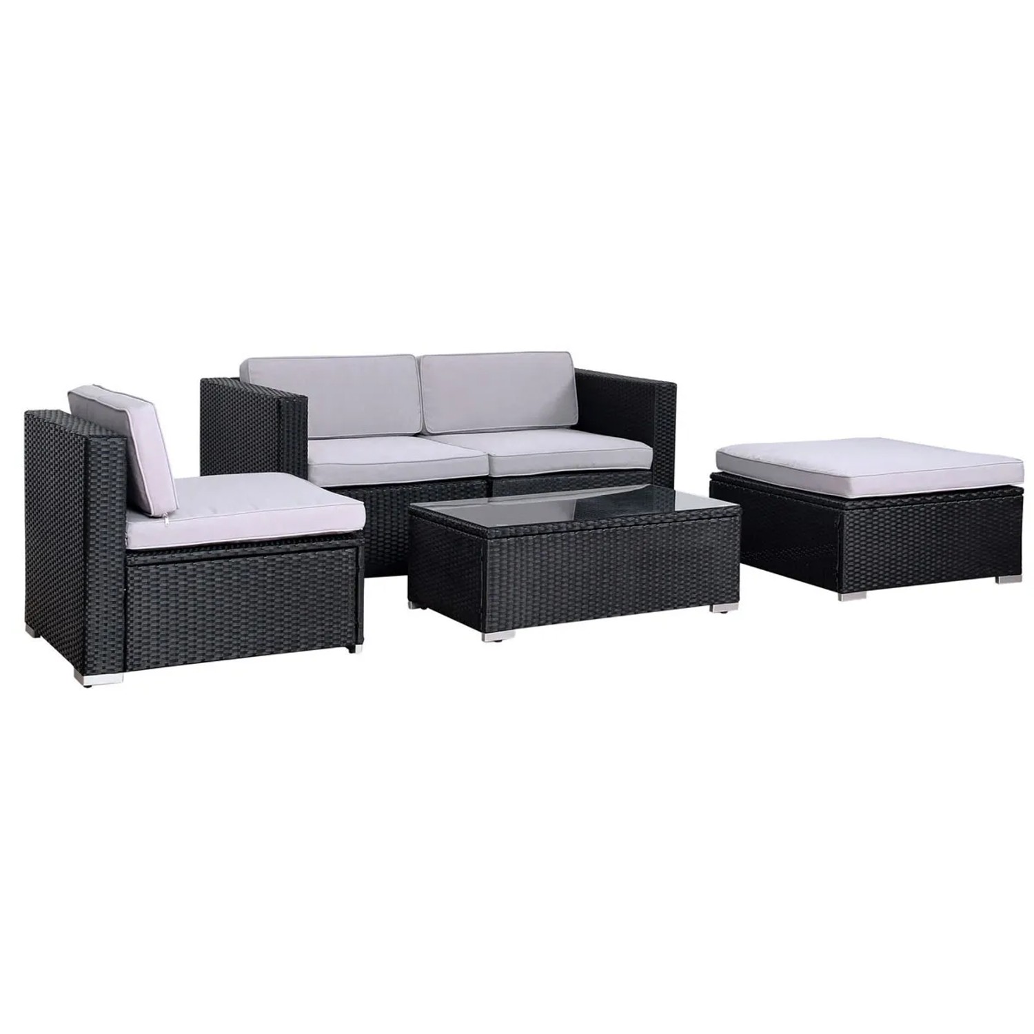 Schwarze Svita California Polyrattan Gartenlounge mit Tisch und grauen Kissen.