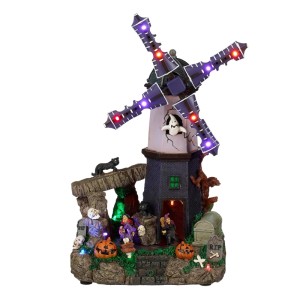 Luville Collectables Halloween-Windmühle mit beleuchteten Flügeln, Hexen, Kürbissen und Gespenst. Dekorative Szene.