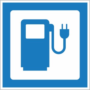 Blaues Hinweisschild Elektrotankstelle, 14,8x14,8 cm, für Innen- und Außenbereich.