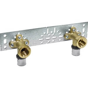 Zwei PIPETEC Press-Wandwinkel Messing 16 mm x Rp 1/2 auf Montageplatte für Heizung & Trinkwasser.