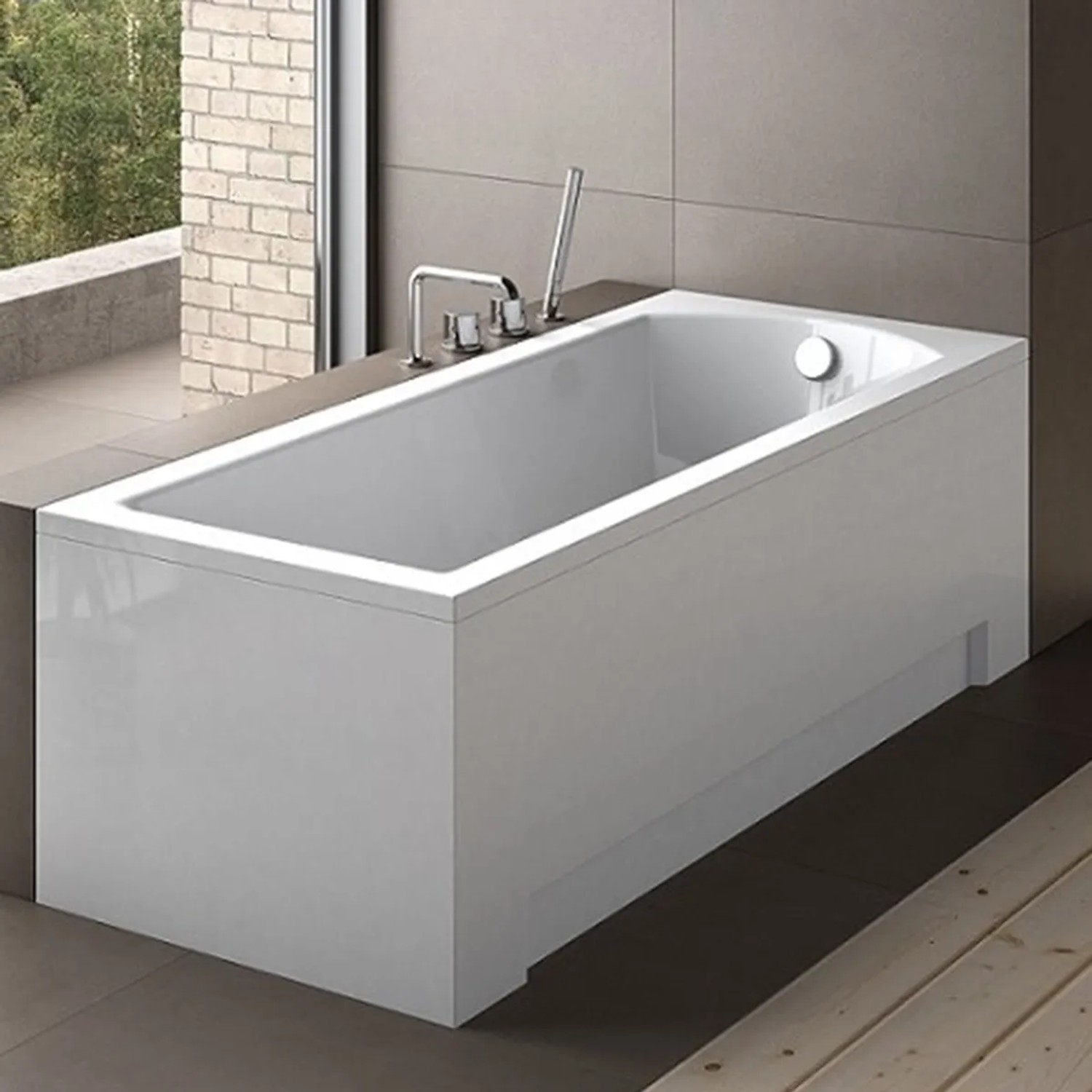 Weiße Bad Land Rechteck-Badewanne MODERN 120x70 aus Acryl mit Schürze, Ablauf und Füßen in modernem Badambiente.