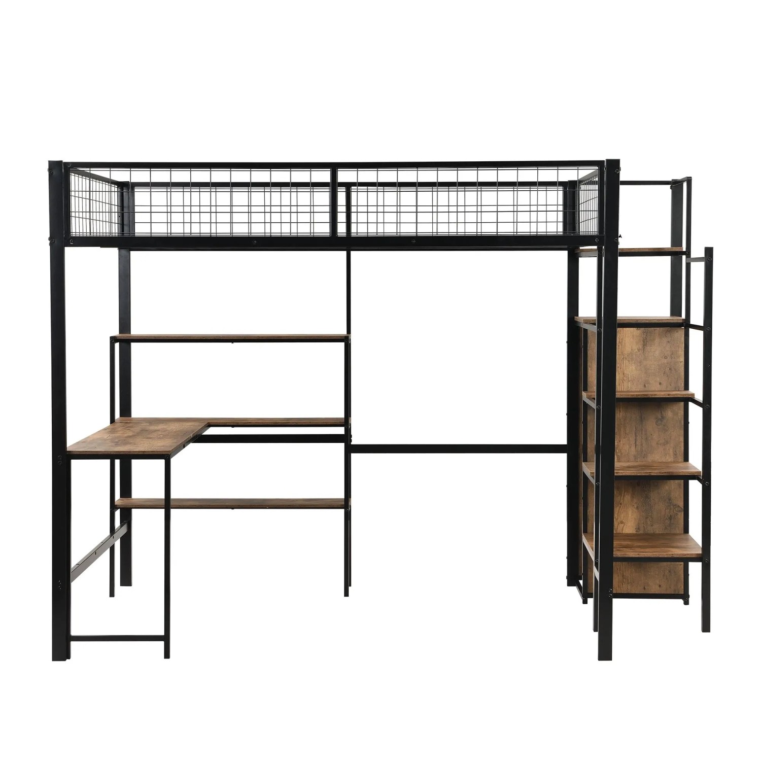 KOMHTOM Hochbett  140 x 200 Cm  Eisenbett  Leiter Mit Stauraum  Mehrere Regale  Matratze Nicht Enthalten  Einbauschrank  Schreibtisch  Schwarz