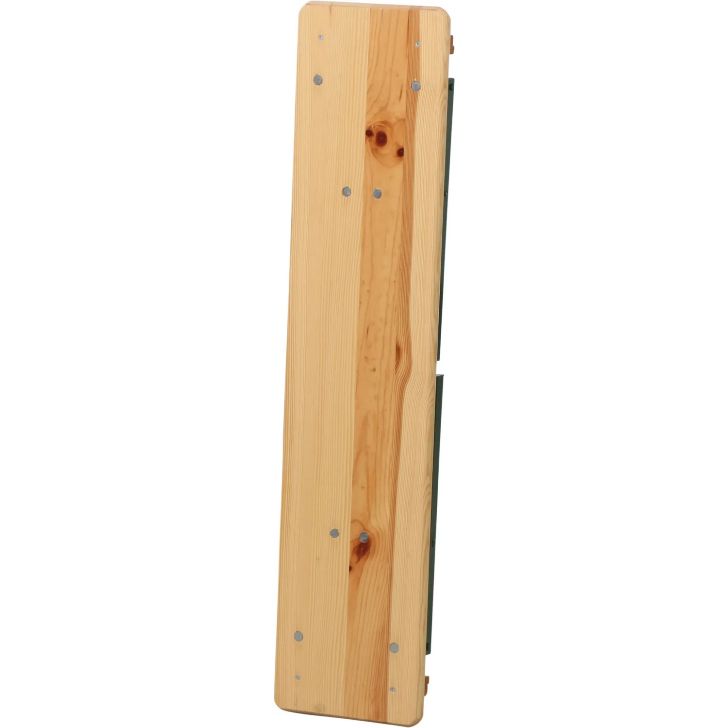Zusammengeklappte, beige Fun Star Festzeltgarnitur (3-tlg.) aus Kiefernholz und grünem Stahlgestell.