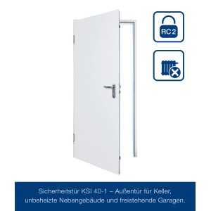 Geöffnete, weiße Hörmann Sicherheitstür KSI 40-1 RC2 für Keller und Garage.