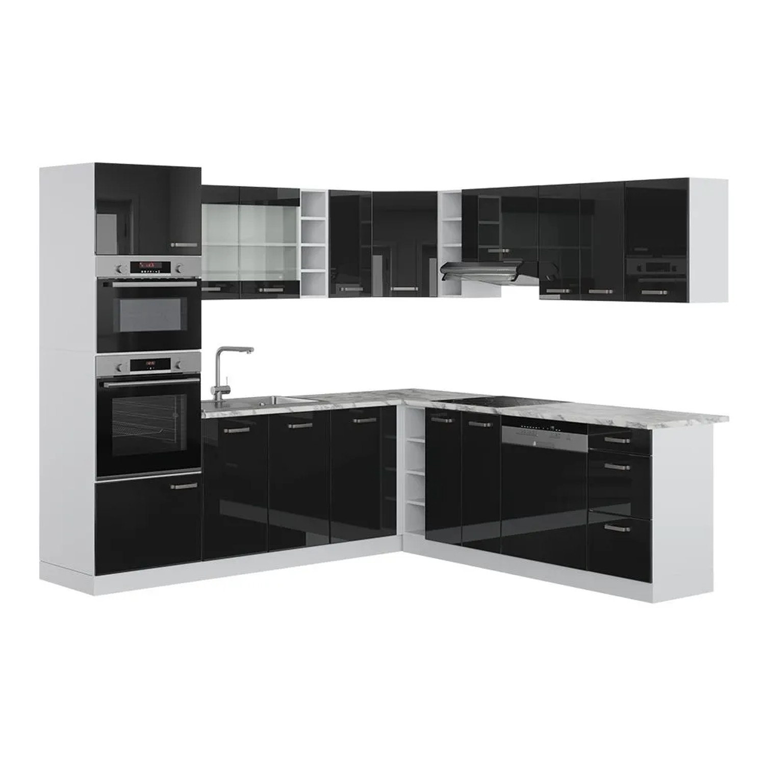 Vicco Eckküche R-Line Schwarz Hochglanz/Weiß 247 x 82, AP Marmor