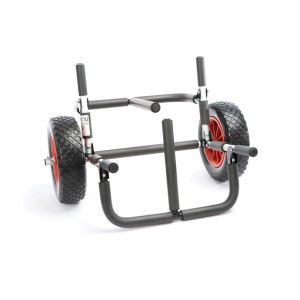 Toboli klappbarer Transportwagen für Kajak, SUP und Surfbrett. Aluminiumrahmen, schwarze Polsterung, große Räder mit roten Naben.