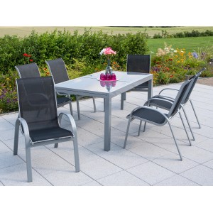 7-teiliges Gartenmöbel-Set Amalfi in Schwarz mit ausziehbarem Tisch (160/220x90 cm) und Textilbespannung.