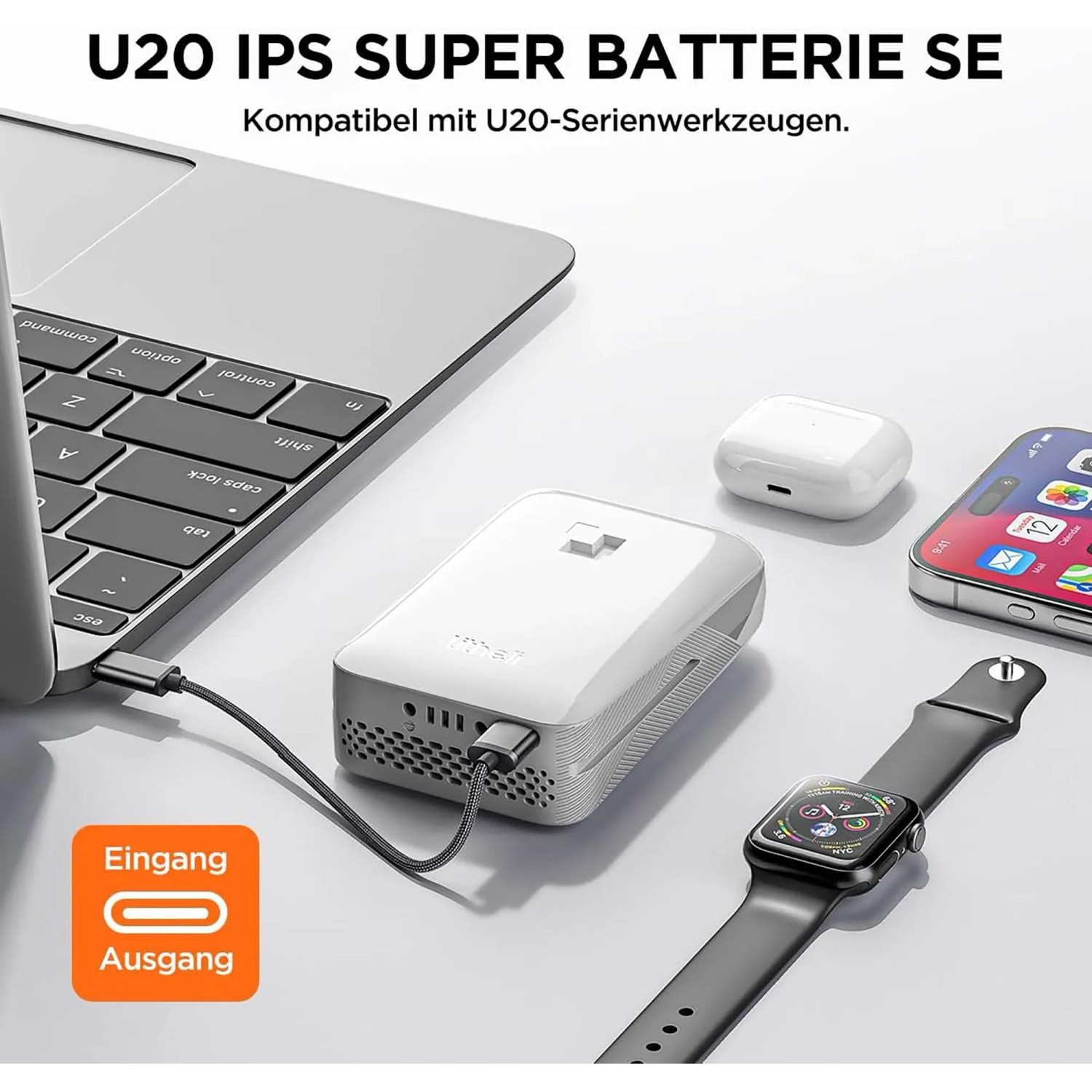 Litheli Akku SE 4.0Ah U20BY09 als Powerbank zum Laden von Laptop, Smartphone und Smartwatch.