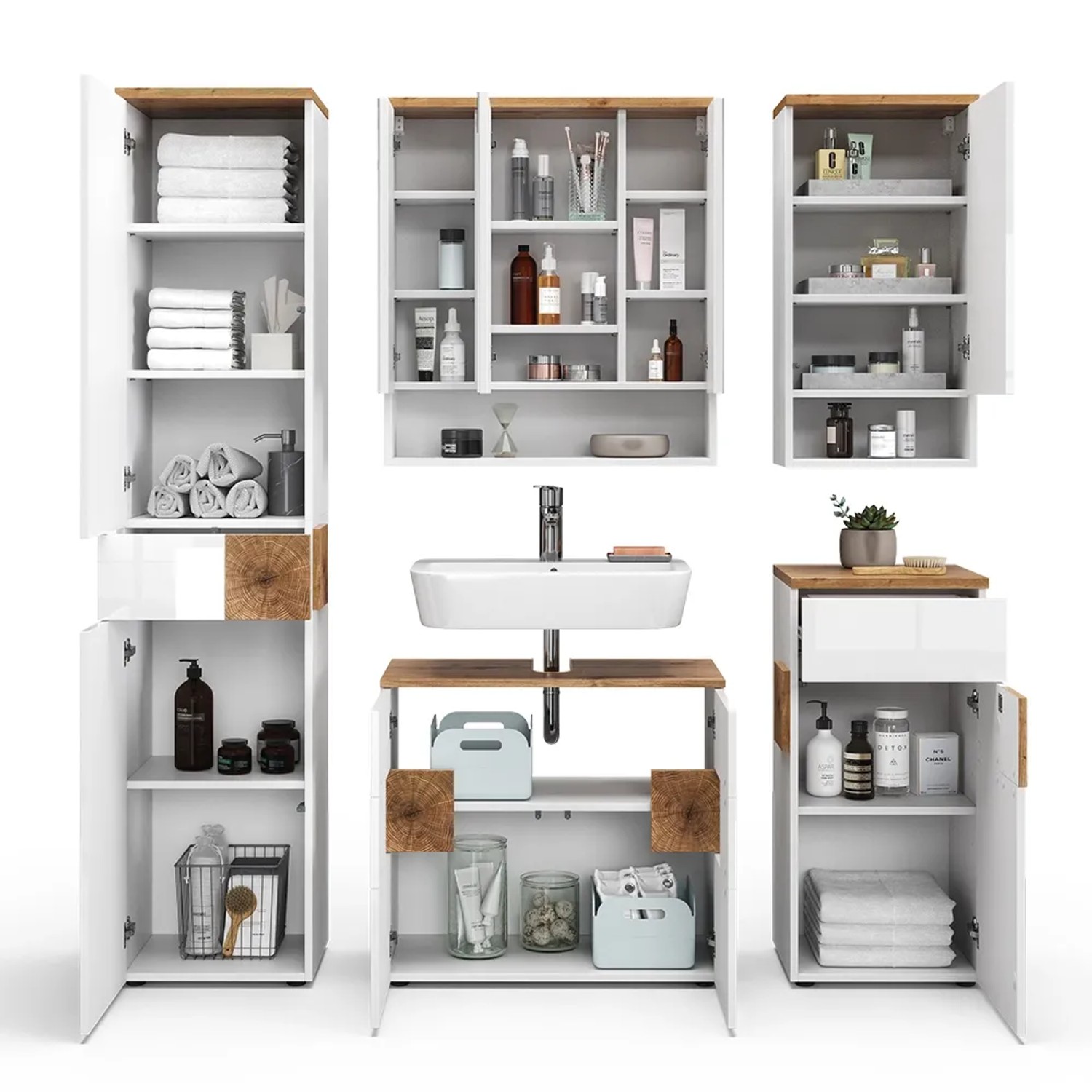 Vicco Badmöbel-Set Eden, 5-teilig, weiß hochglanz und Artisan Eiche Dekor.