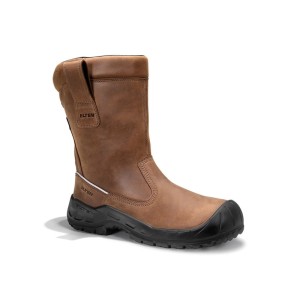 Brauner ELTEN GAVIN GTX Sicherheitsschlupfstiefel aus Nubukleder. Hoher Arbeitsschuh mit schwarzer Sohle und Zehenkappe.