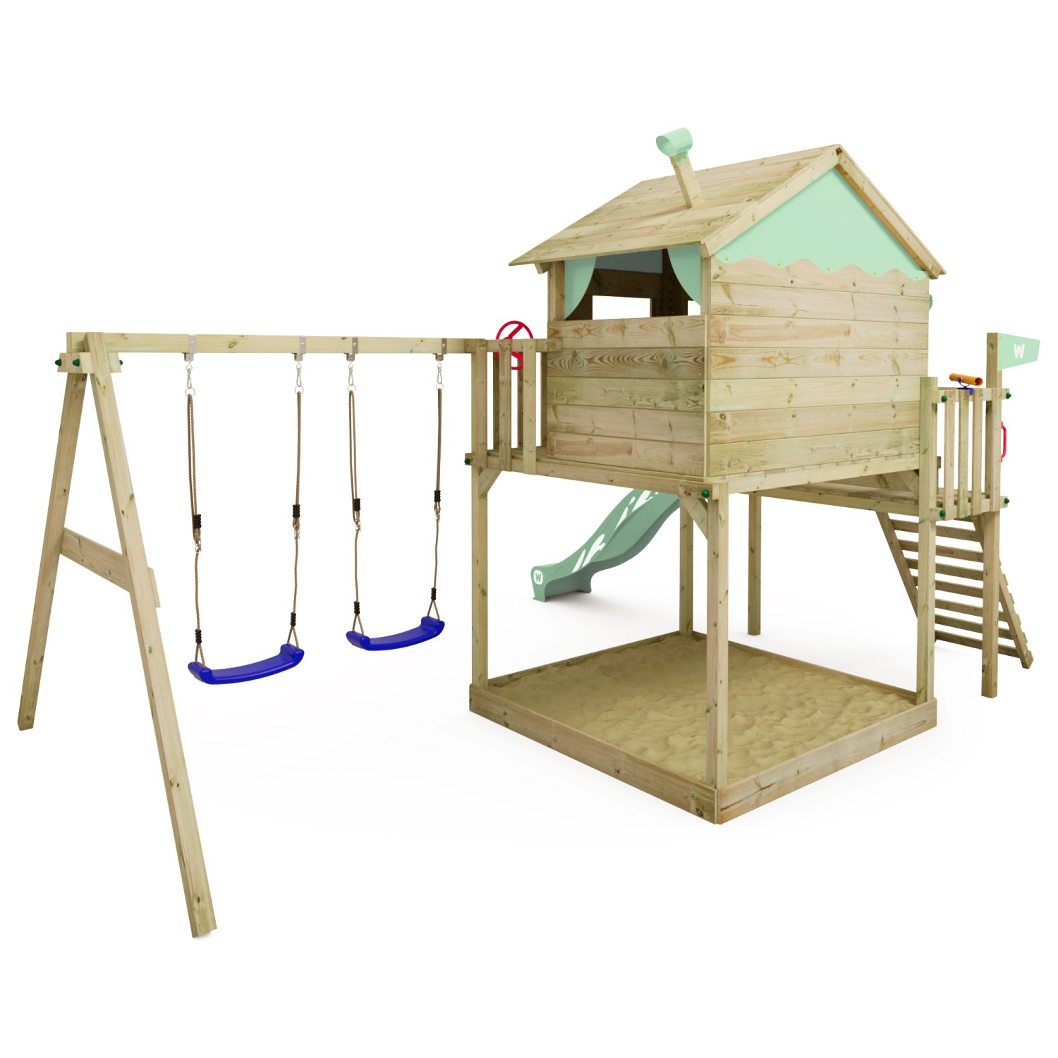 Wickey Spielturm Smart Coast mit Rutsche, Schaukel und Sandkasten, pastellgrün.