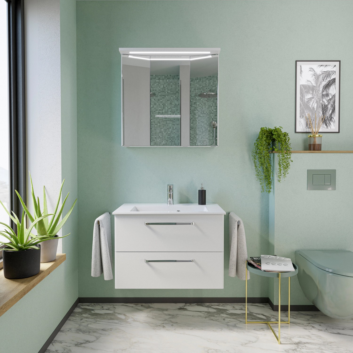 Pelipal Spiegelschrank Trentino, weiß glänzend, 75 cm breit, mit Beleuchtung im modernen Badezimmer.