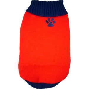 Roter Heim Hundepullover Arktis Größe 45 mit blauen Details und Pfotenabdruck.