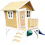 Axi Robin Spielhaus aus Holz in Braun-Weiß mit blauer Rutsche, Leiter und Veranda.