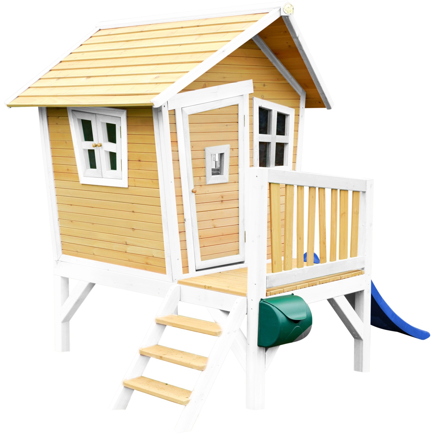 Axi Robin Spielhaus aus Holz in Braun-Weiß mit blauer Rutsche, Leiter und Veranda.