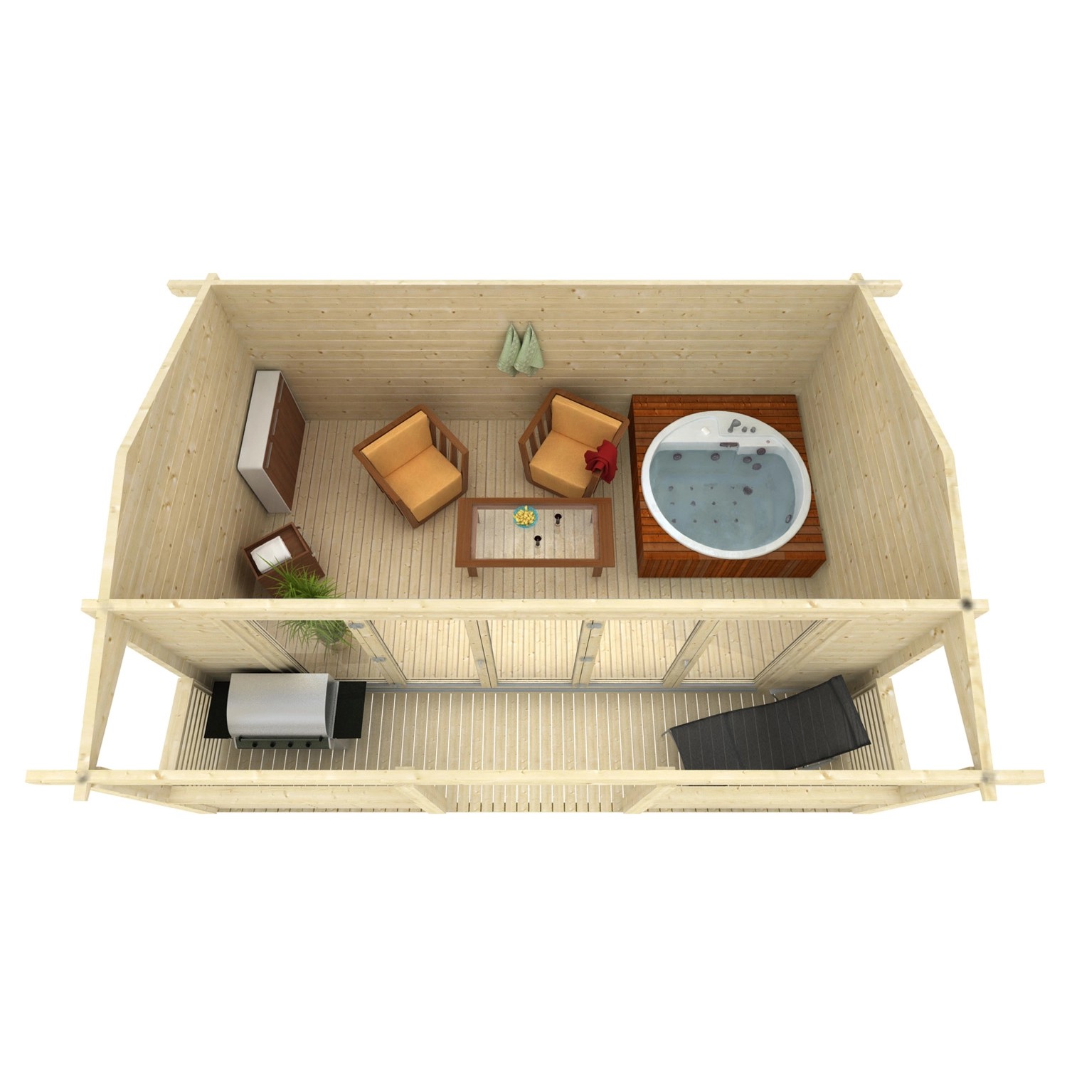 Draufsicht: Lasita Maja Gartenhaus Lyndhurst mit Möbeln und Whirlpool. Holz-Gartenhaus.