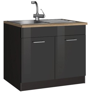 Held Möbel Spülenunterschrank Mailand, 100 cm, Hochglanz Graphit mit Spüle und Armatur.