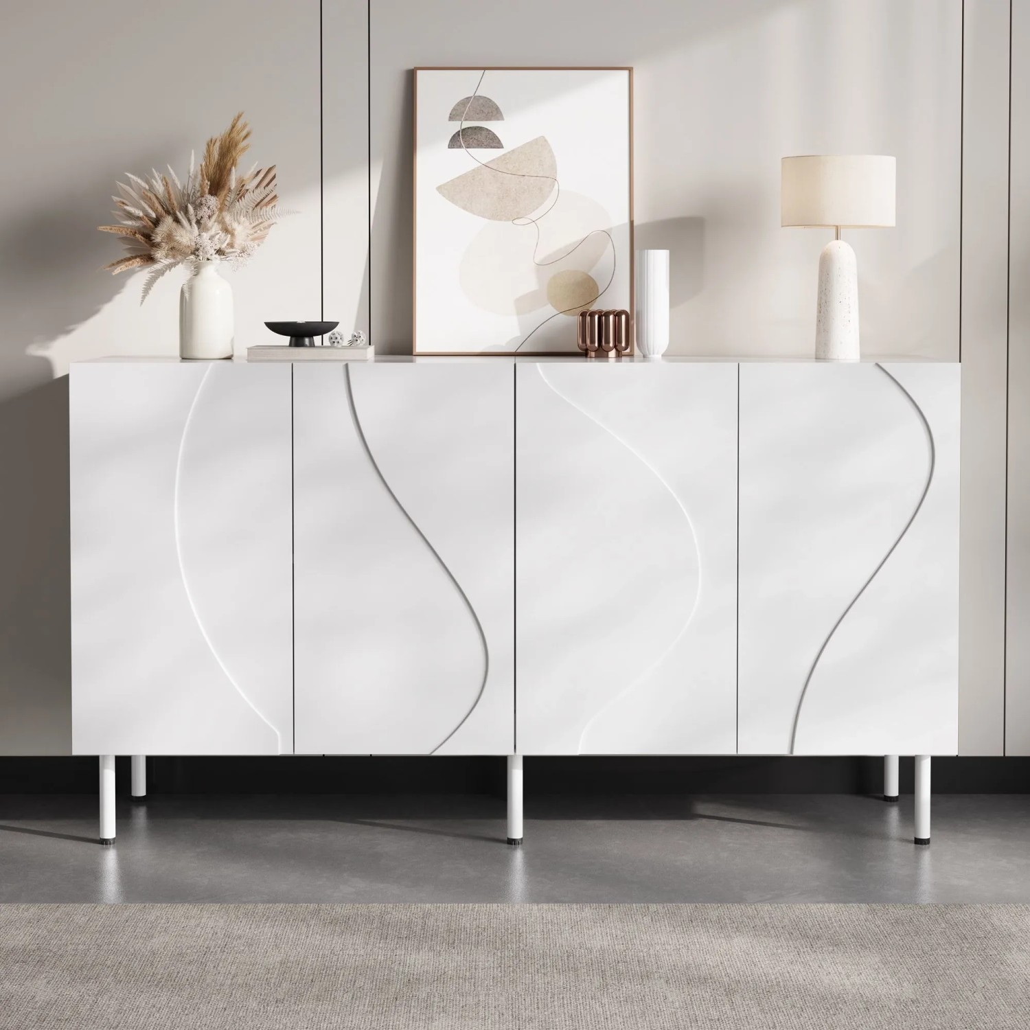 Weißes Merax Sideboard mit 3D geschwungenen Türen, grifflos, auf Metallfüßen. Moderner Wohnzimmerschrank mit Stauraum.