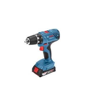Blauer Bosch Professional Akku-Bohrschrauber GSR 18V-21 mit schwarzem 18V Akku und rotem Schalter.