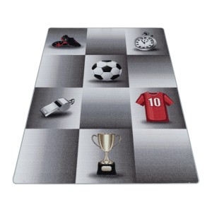 Grauer Kinderteppich 160x230 cm mit Fußballmotiven: Ball, Pokal, Trikot, Schuhe, Stoppuhr, Pfeife.