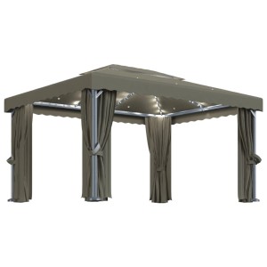 Taupe Pavillon 4x3m mit Vorhängen und LED-Lichterkette für Garten & Terrasse.
