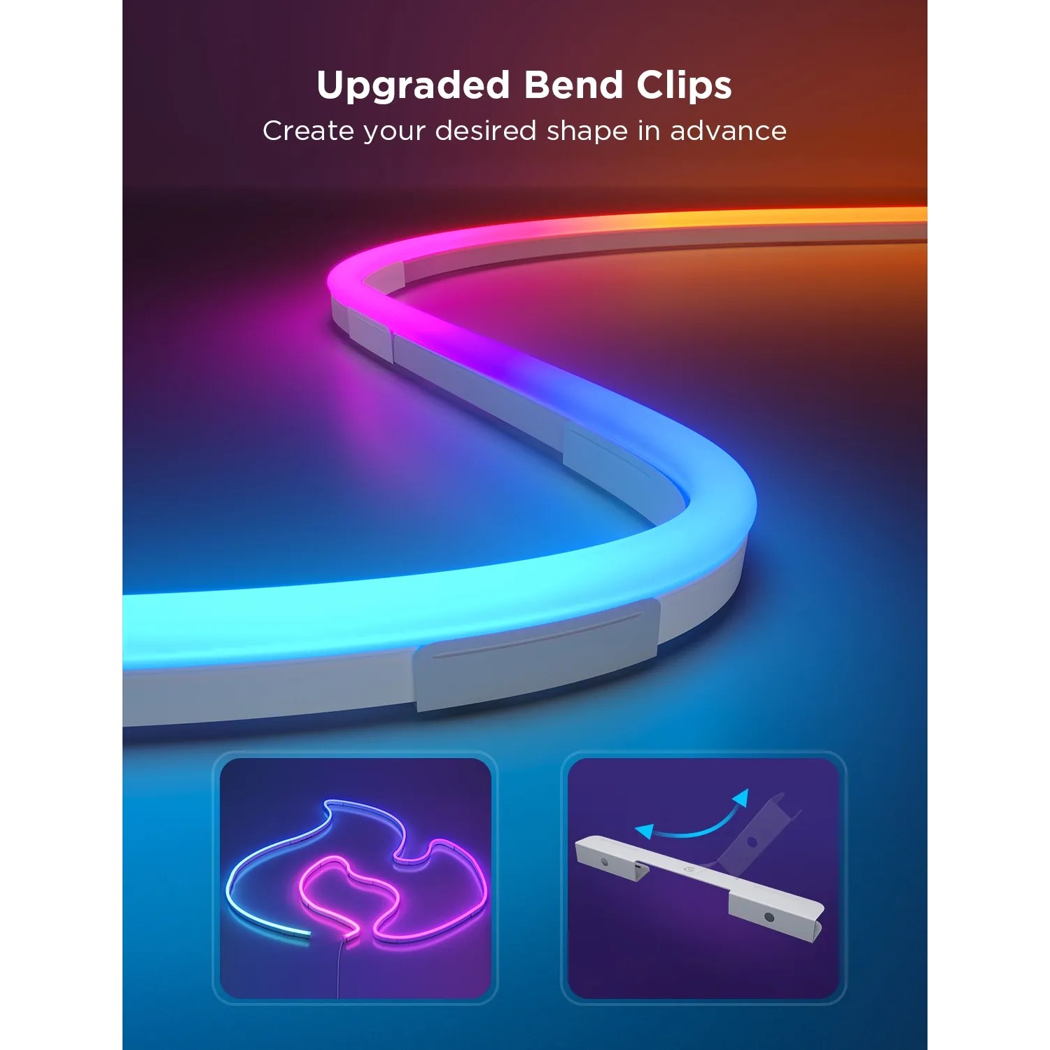 Govee Neon Lichtschlauch, weiß, mit RGBIC Farbwechsel und flexiblen Biegeclips für individuelle Formen.