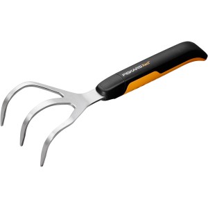 Fiskars Xact Blumenrechen mit drei Zinken, schwarz-orange, für Gartenarbeiten.
