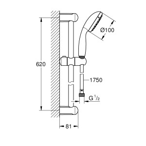 Technische Zeichnung: Grohe QuickFix Vitalio Go 100 Brausestangen-Set mit Maßen.