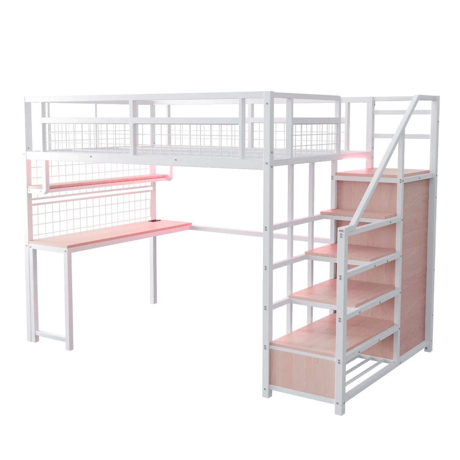 okwish Hochbett 140x200cm mit Stauraumleiter Kleiderschrank Tisch Lichtleiste Weiß ohne Matratze