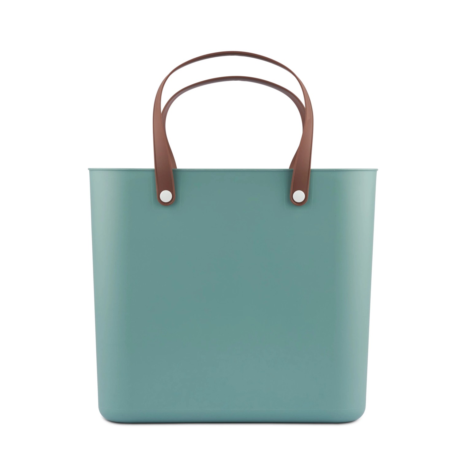 Rotho Multibag Albula Style 25 l in Mistletoe Green, Aufbewahrungsbox mit braunen Griffen.