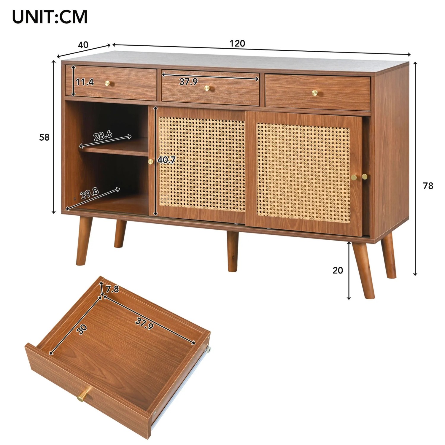 Merax Sideboard 120x40x78 cm Nussbaum Rattan 3 Schubladen 3 Schiebetüren_4