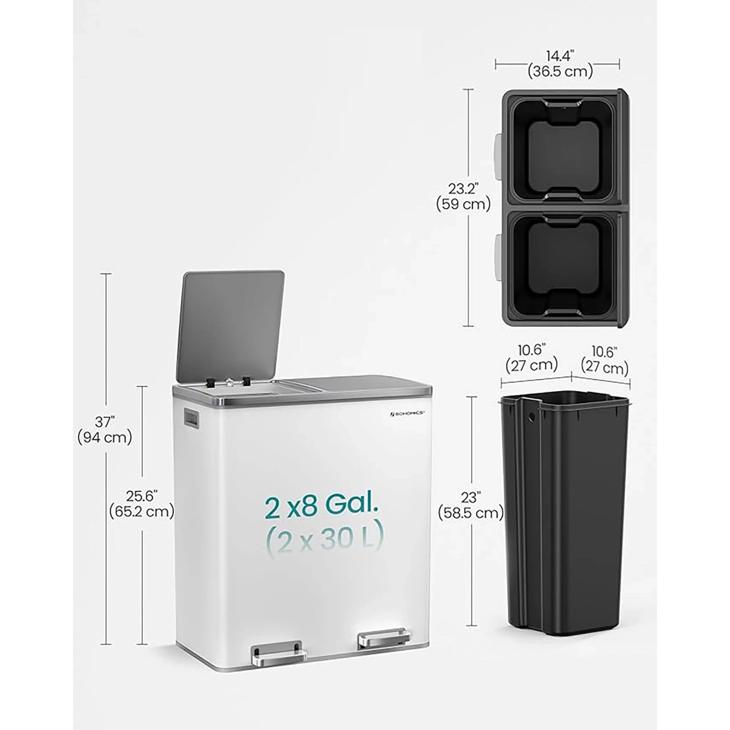 Songmics Mülleimer Pary, 2x30L, weiß-grau, mit zwei Fächern und herausnehmbaren Inneneimern.