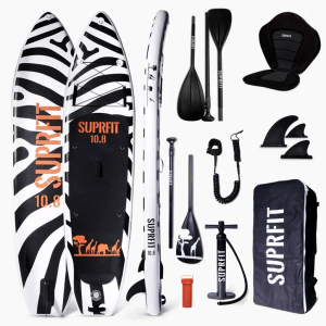 Suprfit SUP Board Set Safari Tiger: aufblasbares Board mit Zebra-Muster, Paddel, Sitz, Pumpe, Finnen, Leash, Rucksack.
