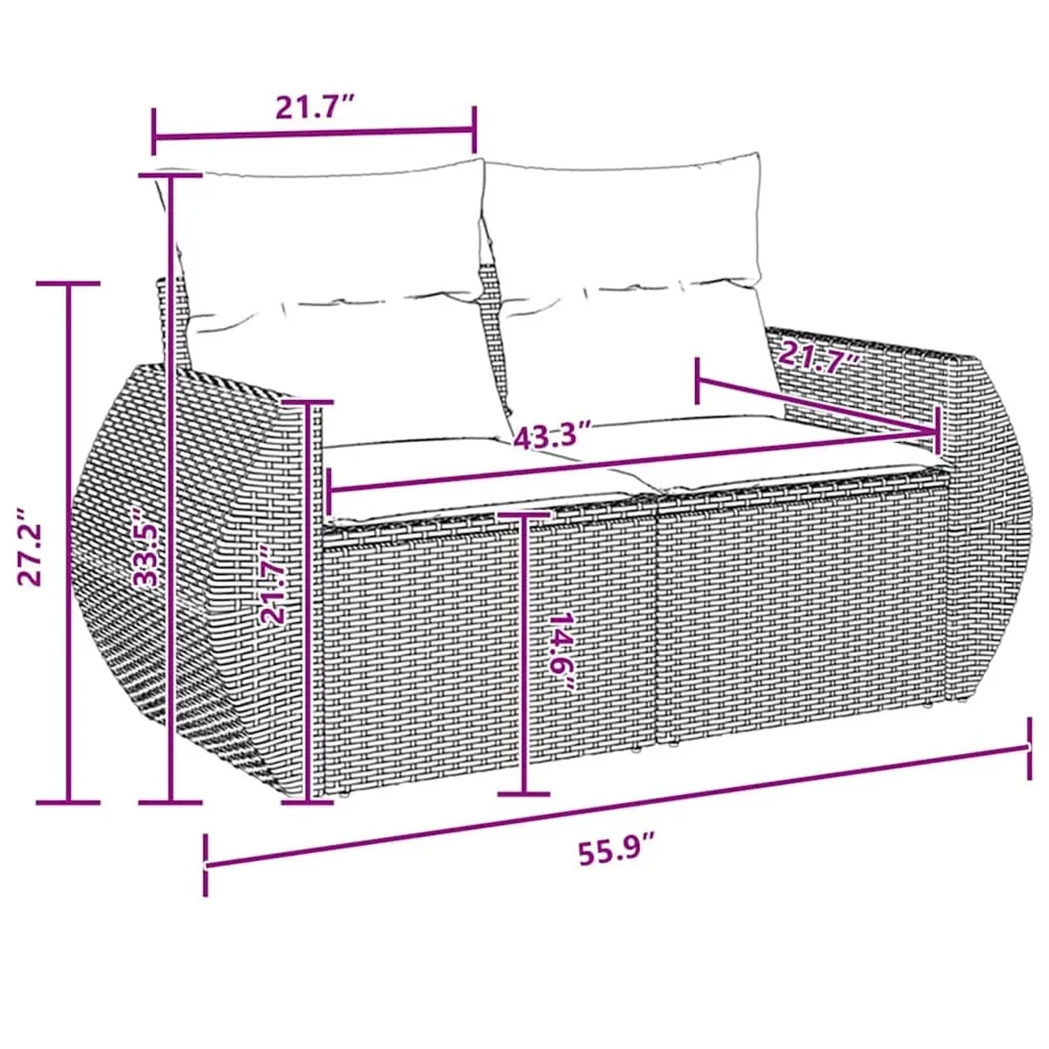 vidaXL Gartenmöbel-Set, 11-teilig, schwarz, Poly Rattan, mit Maßangaben.