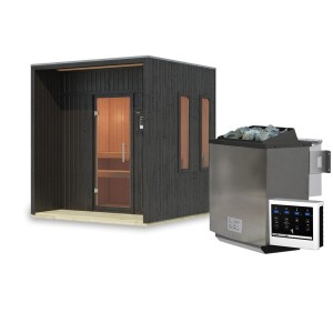 Karibu Saunahaus Almeria mit Ofen, schwarze Außensauna mit Terrasse und Ofen.