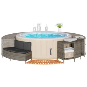Graue Whirlpool-Umrandung aus Poly Rattan mit Massivholz Akazie, inklusive Bank, Regal und Stufe.