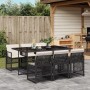 Schwarze 7-tlg. vidaXL Garten-Essgruppe aus Polyrattan mit cremeweißen Kissen.