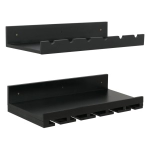 Schwarzes 2er-Set Weinregal aus Holz für 5 Flaschen und 15 Gläser. Wandmontage, elegant, platzsparend.