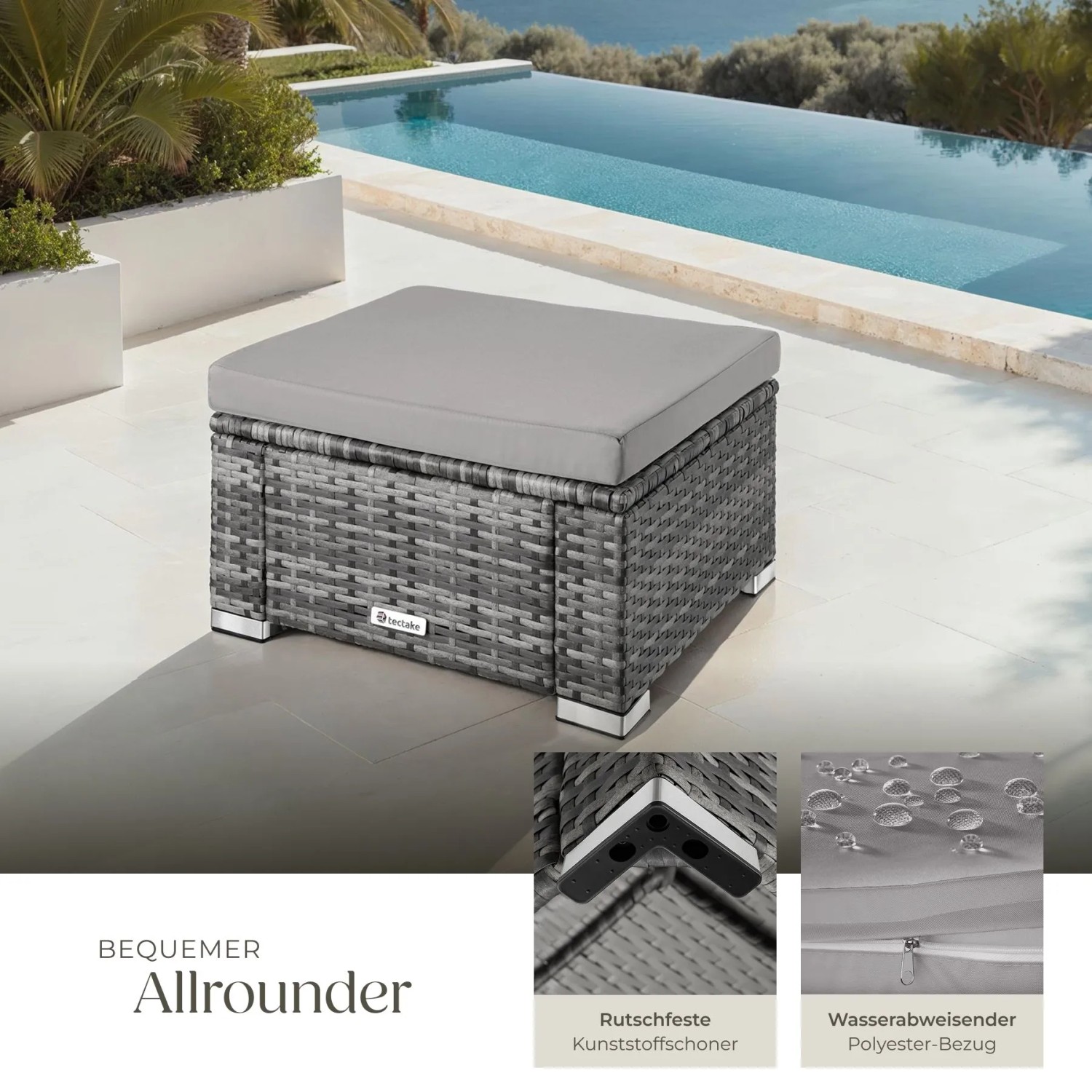 Grauer Tectake Rattan Sitzhocker Bitonto mit hellem Kissen auf Terrasse am Pool. Robuster Gartenhocker.