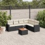 Schwarze 7-tlg. vidaXL Garten-Sofagarnitur aus Rattan mit cremefarbenen Kissen und Tisch.