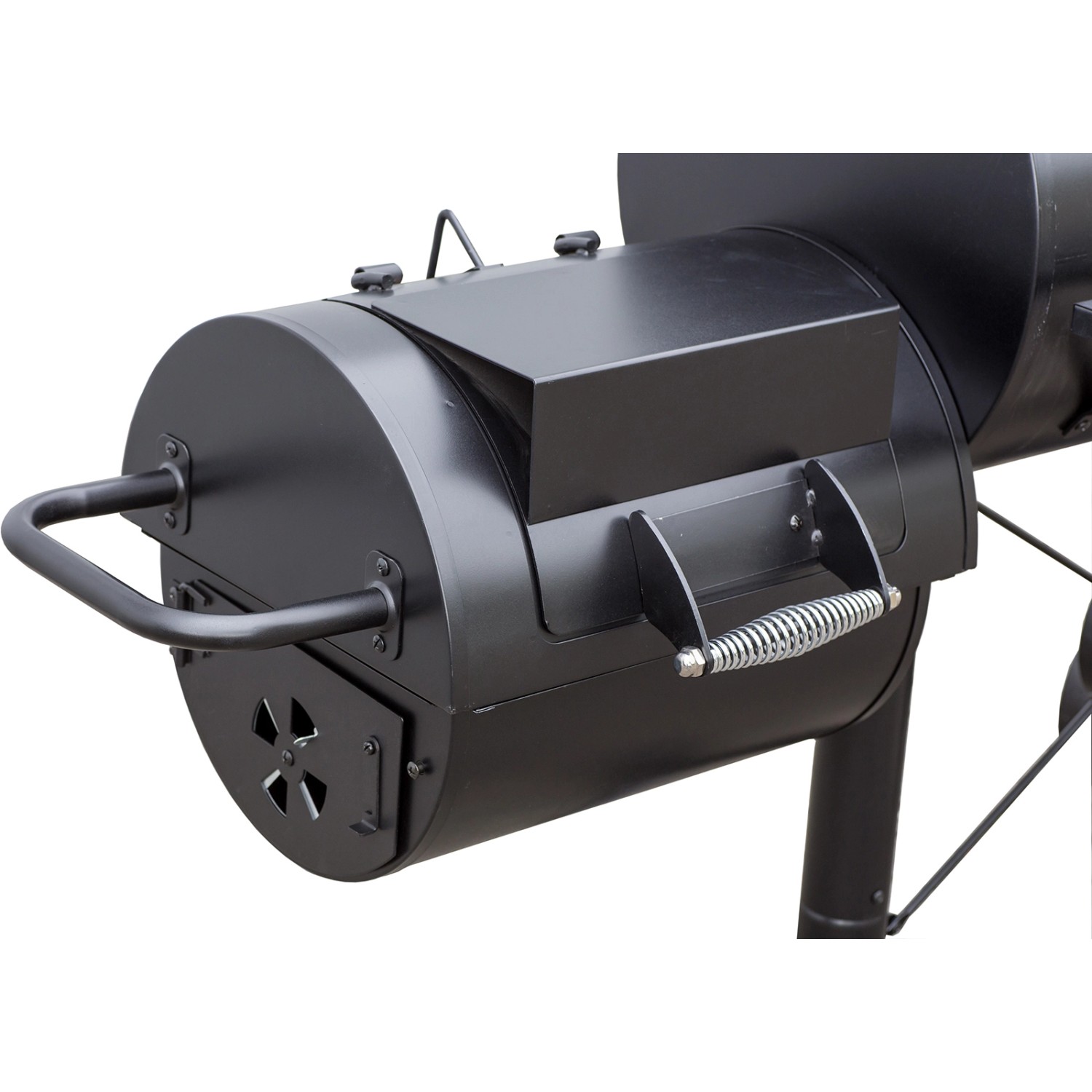 Detailaufnahme: Schwarzer El Fuego Smoker Holzkohlegrill Kiona mit Griff und Lüftung.
