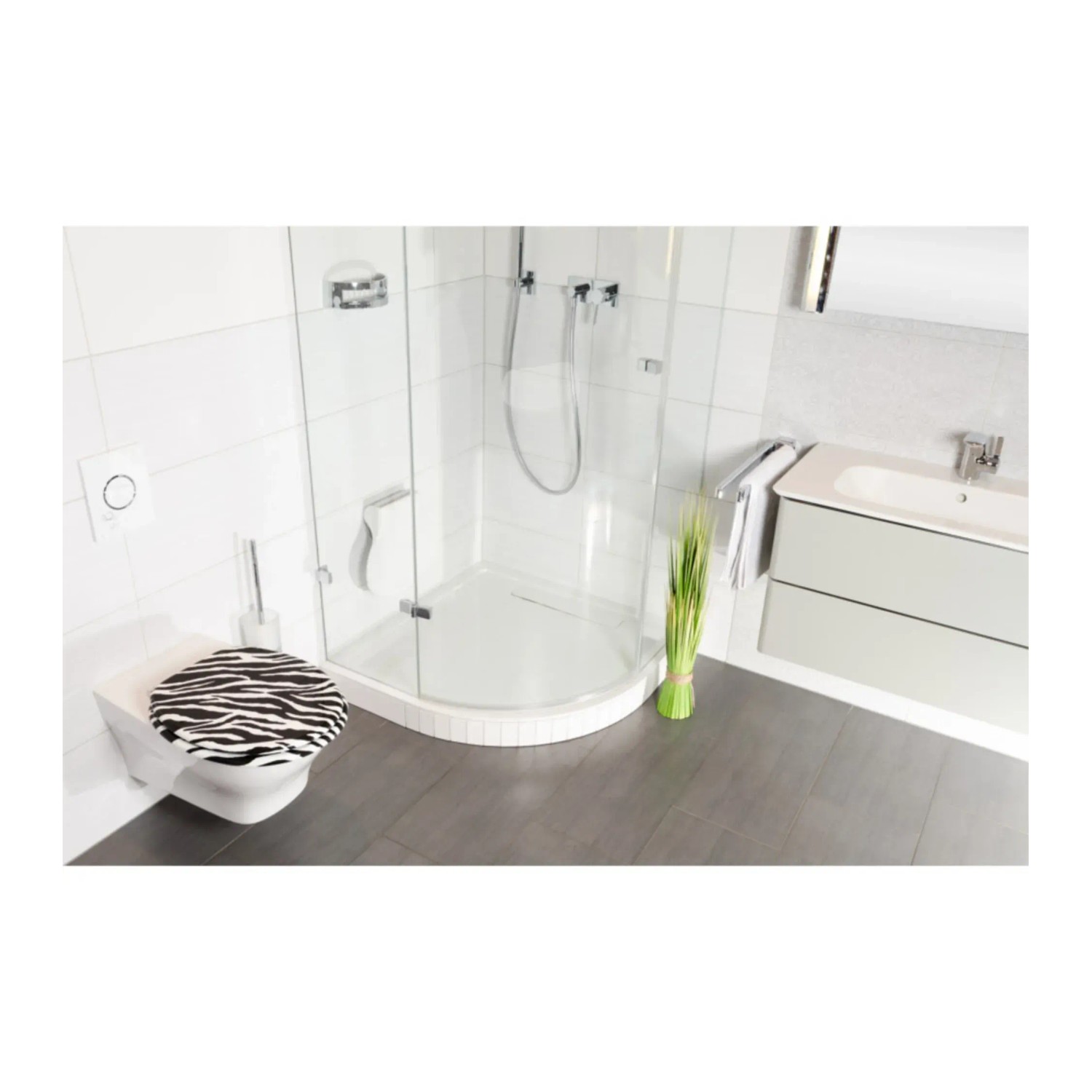 WC-Sitz Sanilo mit Zebra-Muster im modernen Badezimmer. Toilettendeckel aus Holz mit Absenkautomatik.