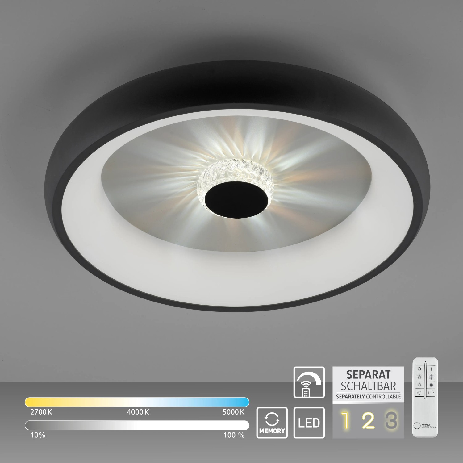 Schwarze LED-Deckenleuchte Vertigo, Ø 46,5 cm, mit Kristalleffekt und Fernbedienung.