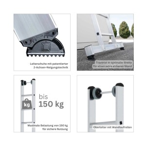 Details der PROREGAL Stufen-Mehrzweckleiter: Leiterfüße, Traverse, Wandlaufrollen, max. 150 kg Belastung.