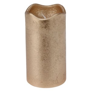 Goldene LED-Kerze aus Wachs mit flackerndem Licht und Timerfunktion, 7x13 cm. Wellenförmiger Rand.