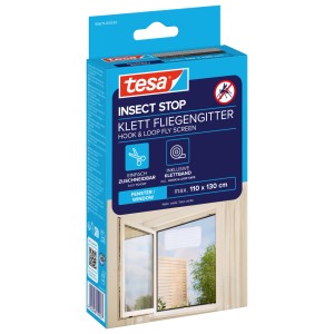 Verpackung des tesa Insect Stop Klett Fliegengitters für Fenster, weiß, max. 110x130cm.